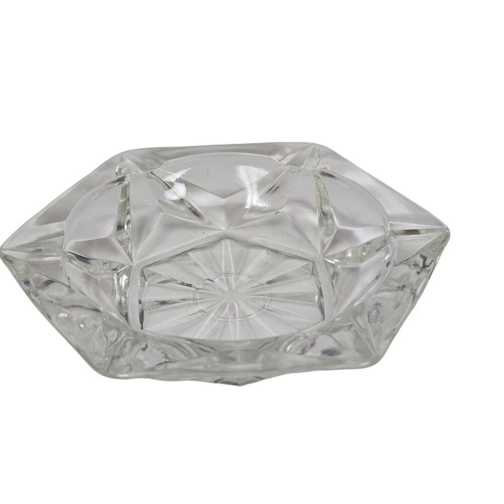 Vintage 90s Clear Glass Hexagonal Star Ashtray Geometric Heavy Duty Retro Decor